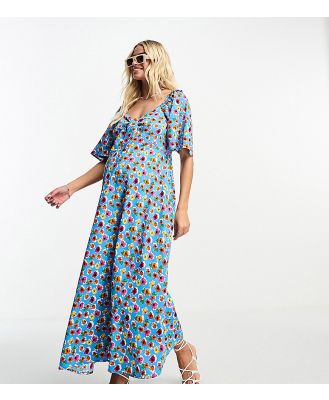 Influence Maternity tie front midi dress in blue multi floral print