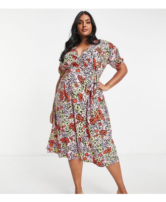 Influence Plus wrap front midi dress in bold floral print-Multi