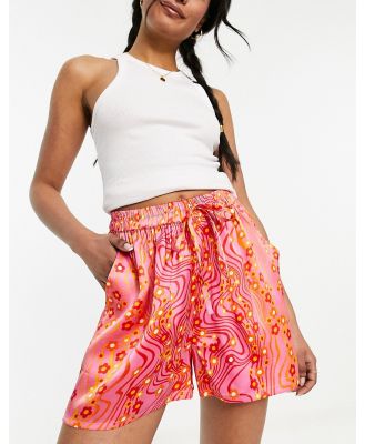 Influence satin tie waist shorts in pink floral swirl-Orange