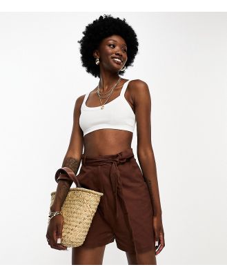 Influence Tall tie waist linen blend shorts in chocolate-Brown