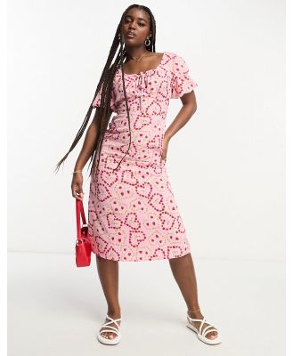 Influence tie front midi dress in heart print-Pink