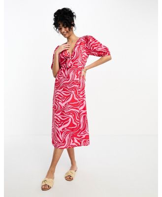 Influence tie front midi dress in red abstract print