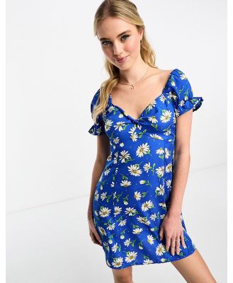 Influence tie front mini dress in blue daisy floral print