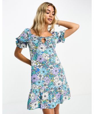 Influence tie front mini dress in blue floral print