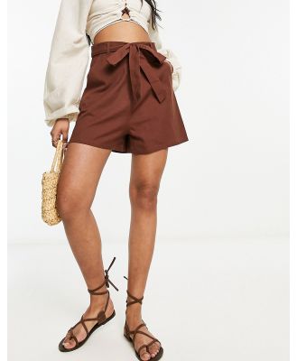 Influence tie waist linen look shorts in chocolate-Brown