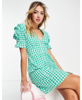 Influence v neck button down mini dress in gingham green