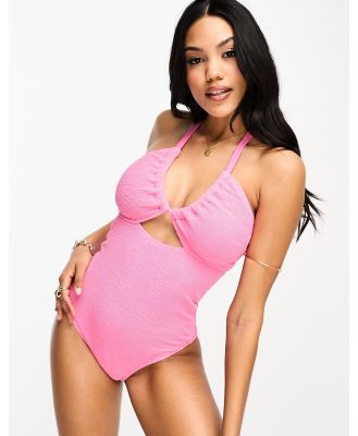 Ivory Rose Fuller Bust crinkle halter swimsuit with upside down triangle top in bright pink