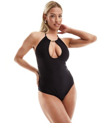 Ivory Rose Fuller Bust dual sized open front halter neck swimsuit in black