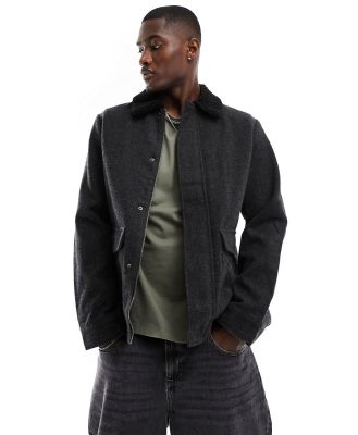 Jack & Jones brushed jacket with shearling collar in grey check-Brown