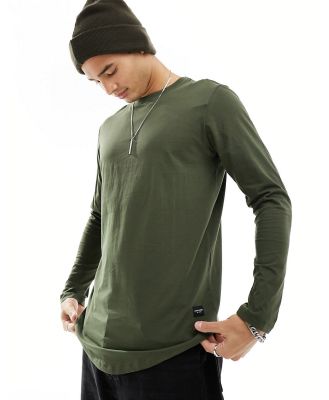 Jack & Jones Essentials cotton long sleeve top with curve hem in khaki - KHAKI-Green