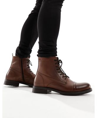 Jack & Jones leather lace-up boot in brown