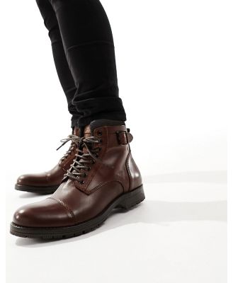 Jack & Jones leather lace up boots with buckle in brown
