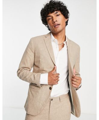 Jack & Jones Premium slim fit linen suit jacket in sand-Neutral