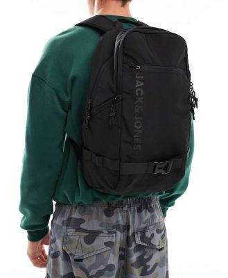 Jack & Jones ripstop logo backpack with laptop compartment in black