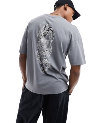 Jack & Jones washed oversized t-shirt with dragon back print in grey