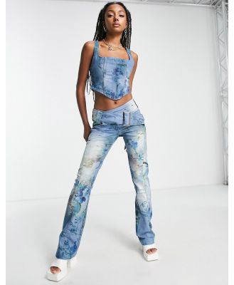 Jaded London low rise bootcut jeans with belt in multi blossom print (part of a set)
