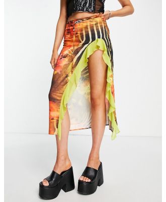 Jaded London low waist midi skirt with frilly split in multi spring print