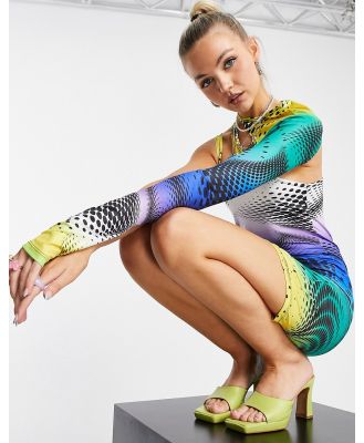 Jaded London y2k dot swirl asymmetric bodycon dress with matching sleeve-Multi
