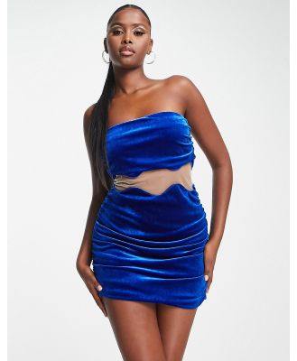 Jaded Rose bandeau mini dress with wavy cut out in blue velvet