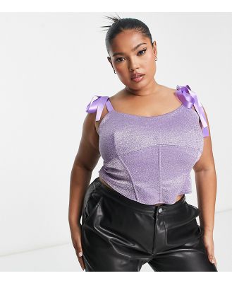 Jaded Rose Plus ribbon tie corset top in lilac sparkle-Purple