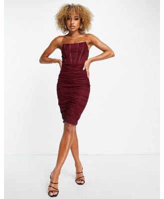Jaded Rose ruched corset midi dress in dark red
