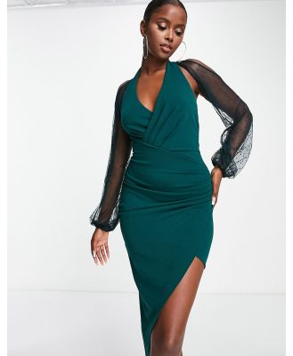 Jaded Rose wrap front midi dress with organza balloon sleeves in emerald green