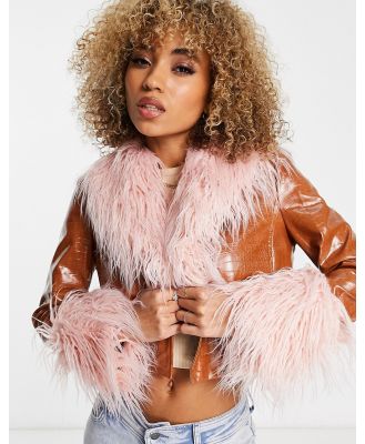 Jayley short vinyl look faux fur trim jacket in tan-Brown