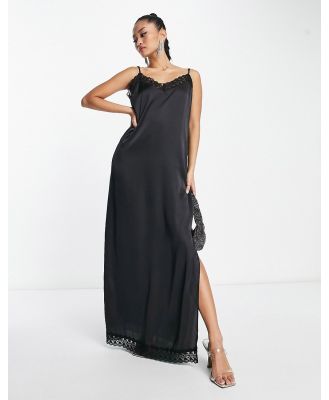 JDY lace detail satin maxi dress with side slit in black
