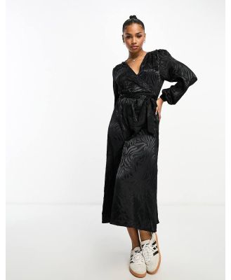 JDY puff sleeve wrap jacquard midi dress in black zebra