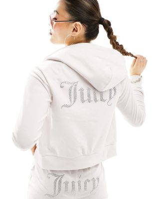 Juicy Couture diamante logo velour zip through hoodie in cream (part of a set)-White