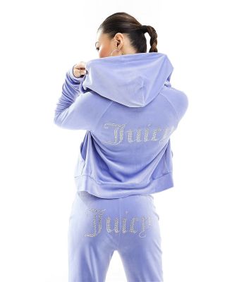 Juicy Couture diamante logo velour zip through hoodie in pastel blue (part of a set)