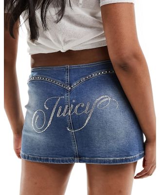 Juicy Couture diamante stretch denim micro skirt in mid blue