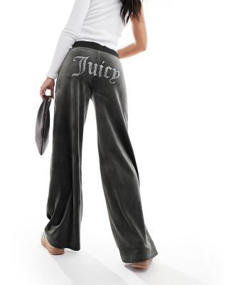 Juicy Couture velour wide leg trackies with diamante logo in dark grey