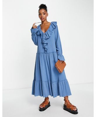 Just Me ruffle front midi smock dress in blue