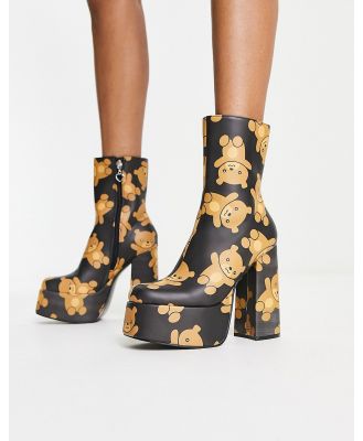 Koi Teddy platform heeled boots in bear print-Multi