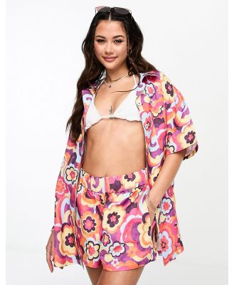 Kulani Kinis oversized linen beach shirt in Tipsy Dip floral print-Multi