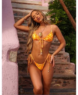 Kulani Kinis Tangerine Dreams ruched bralet bikini top in orange tropical shimmer floral print-Multi