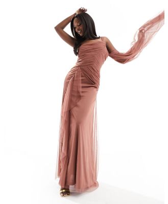 Lace & Beads asymmetric tulle midaxi dress in rose brown