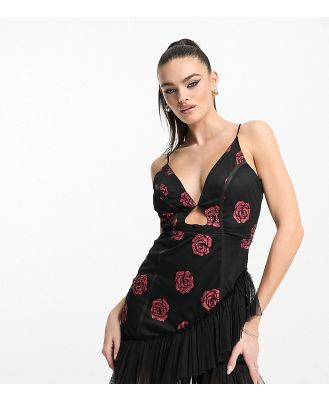 Lace & Beads exclusive heart cut-out tulle mini dress in glitter rose-Black