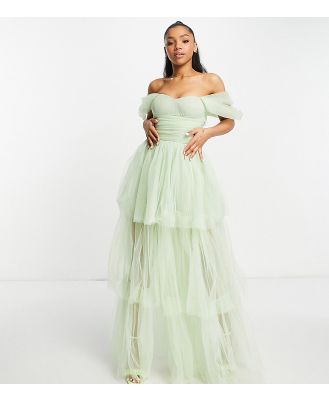 Lace & Beads Exclusive off shoulder tulle tiered maxi dress in sage green