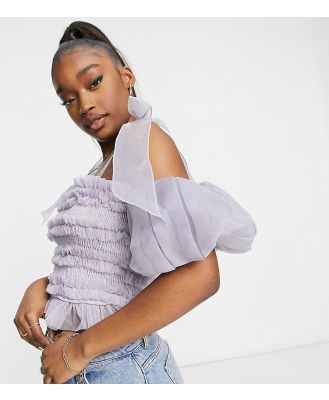 Lace & Beads Exclusive ruched crop top with puff sleeve and bow shoulder in dark lilac-Purple