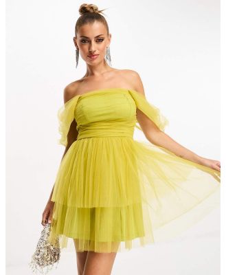 Lace & Beads off shoulder tulle mini dress in olive-Green