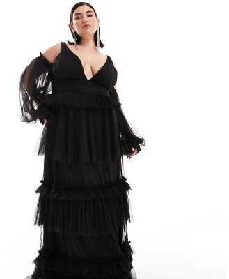 Lace & Beads Plus sheer sleeve tulle tiered maxi dress in black
