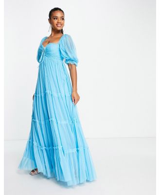 Lace & Beads puff sleeve maxi dress in powder blue