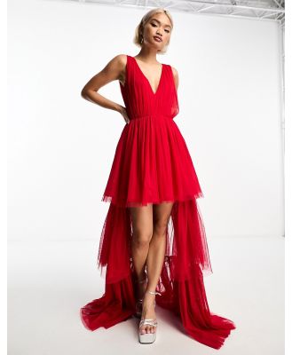 Lace & Beads tulle high low plunge maxi dress with tiered skirt in red