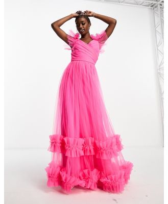 Lace & Beads tulle maxi dress with frill detail in bright pink