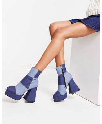 Lamoda 90s denim patchwork heeled boots in blue-Multi