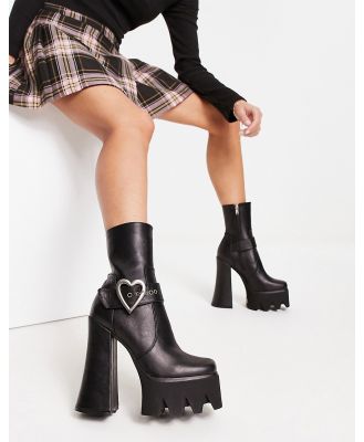 Lamoda platform chunky ankle boots with heart buckle in black PU