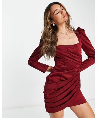 Lavish Alice bonded satin puff sleeve mini dress in burgundy-Red