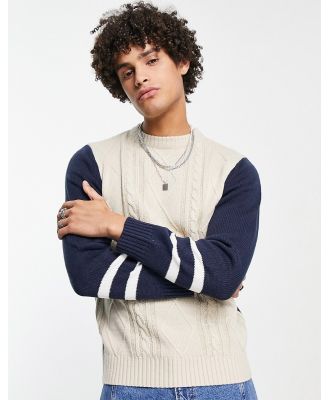 Le Breve arm stripe jacquard knit jumper in stone & navy-Neutral
